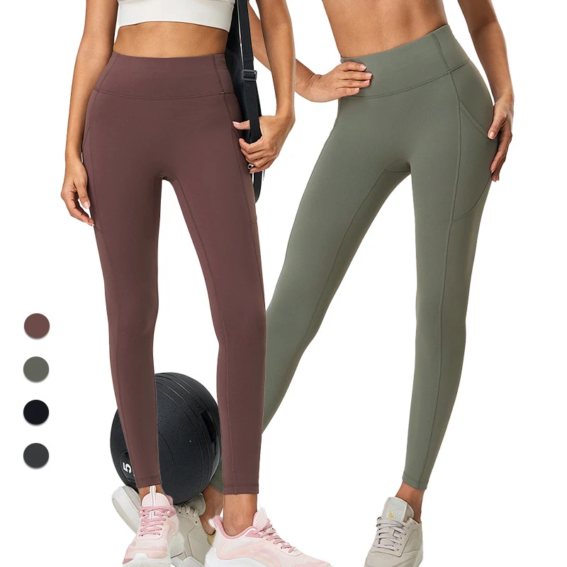 D25069 Women High Waisted Tummy Control Pants with Side Pockets Quick Dry Fitness Gym Activewear Solid Running Yoga Leggings