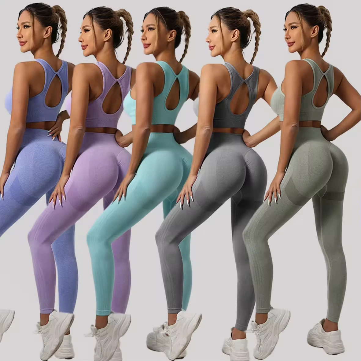 Seamless Knit High Waist Hip Lifting Women 2Pcs Yoga Set Hollow Back Quick Dry Custom Logo Sports Outfit