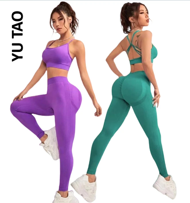 2 Pieces Yoga Set Women Gym Set Workout Clothes Sports Suits High Waist Leggings Cross Straps Fitness Bra Top Running Tracksuit