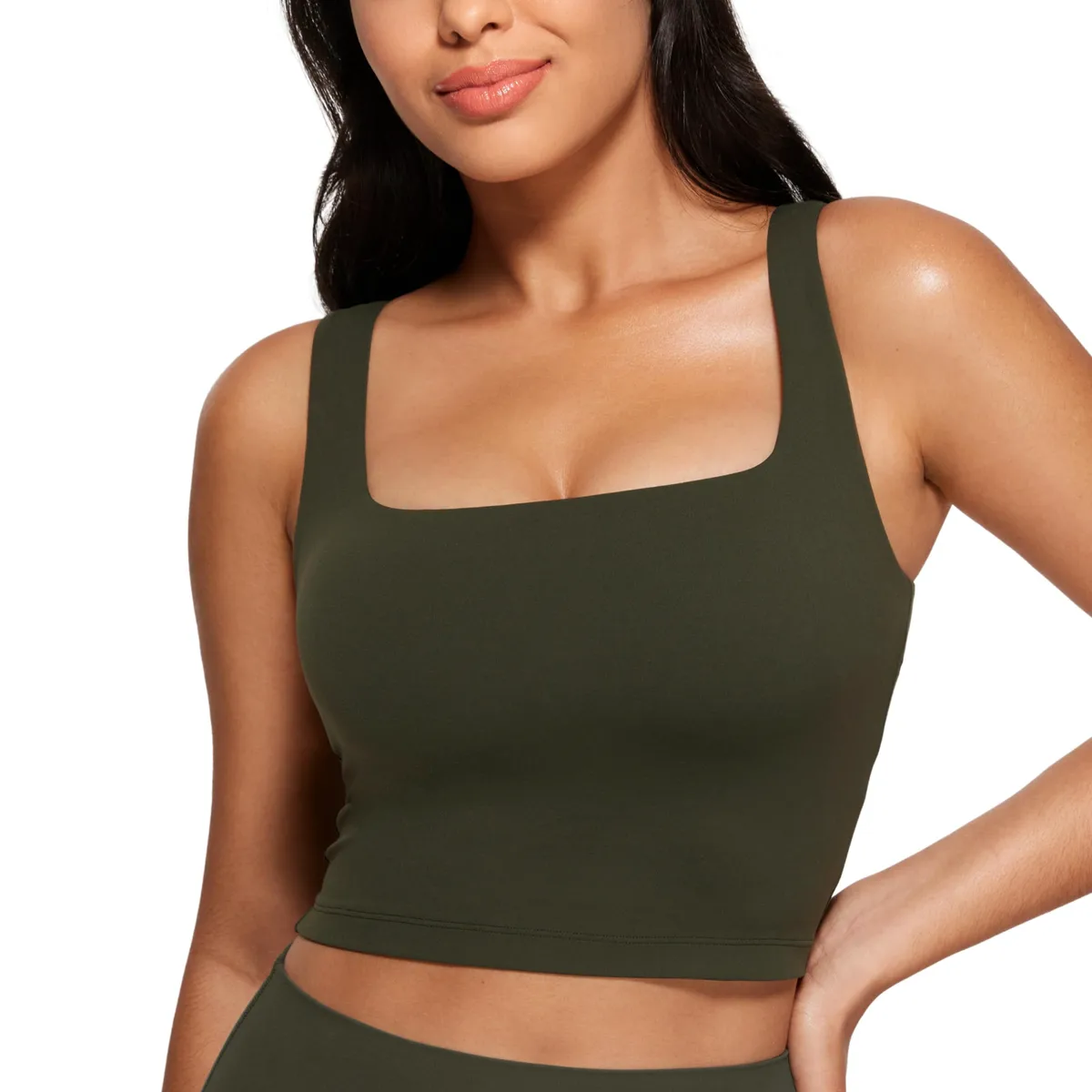 Women Low Cut Square Neck Double Layers Sports Bra Workout Wide Straps Padded Yoga Women Sports Bra
