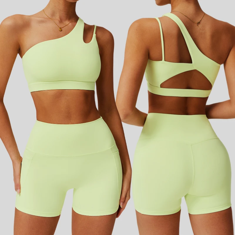 Oblique Shoulder Hollow-out Summer Beauty Back Women Yoga Bra Sports Bra Irregular Shoulder Strap Running Workout Vest Top