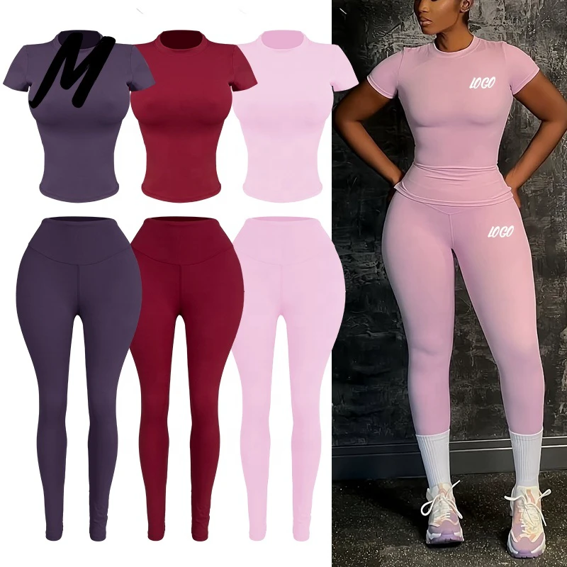 Two Piece Set Short Sleeve/Long Sleeve Fitted Top High-Waisted Leggings Active Yoga Wear Workout Clothes for Women Fitness Sets