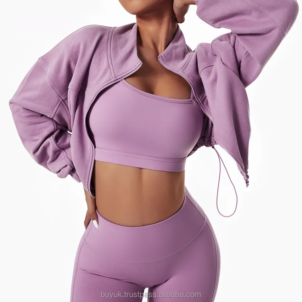 Yoga Fitness Plus Size Solid Custom Women's Sport 3-Piece Yoga Set Breathable Quick Dry Crop Top & Legging Elastic High Waist