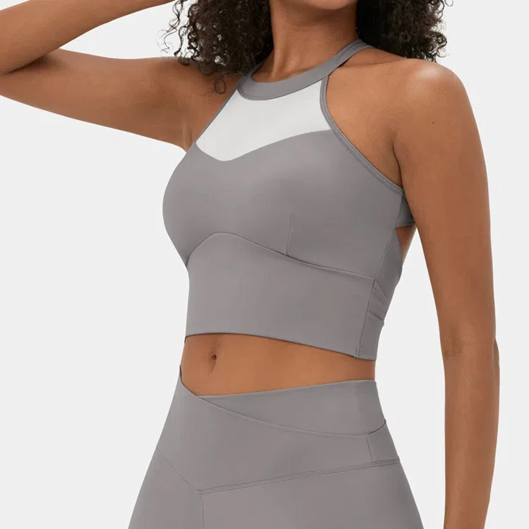 Women's High-Strength Support Removable Chest Pad Gym Fitness Sports Bra Breathable Halter Neck Contrast Mesh Cool Sports Bra