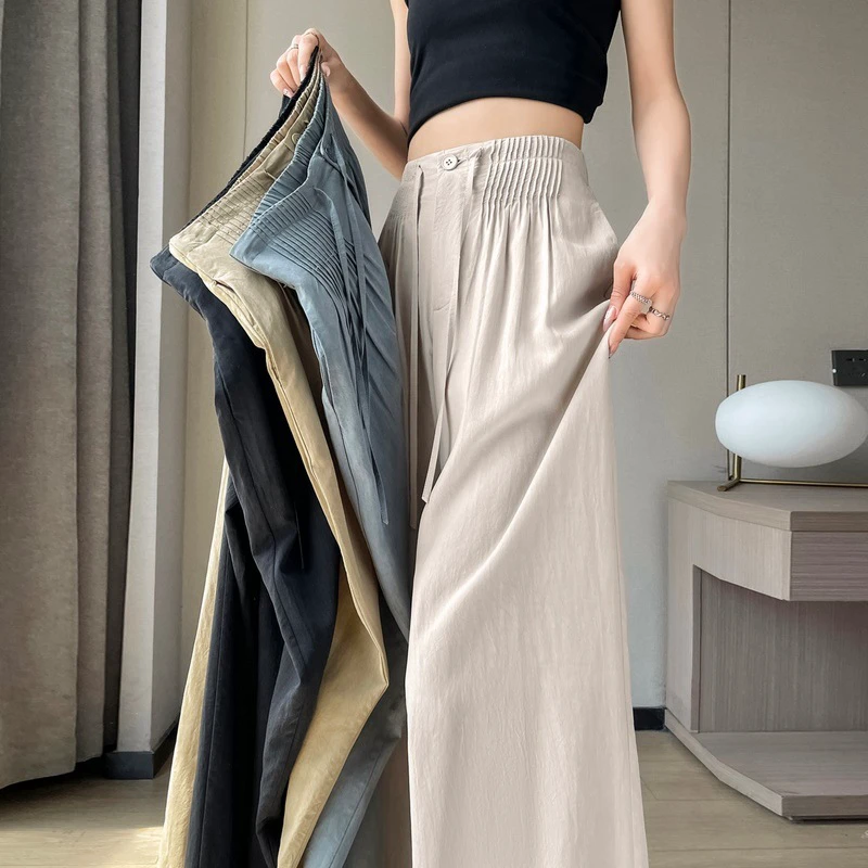 D&M Spring Summer Breathable Cotton Polyester Linen Wide Leg Pants Women High Waist Loose Straight Casual Fashion Trousers