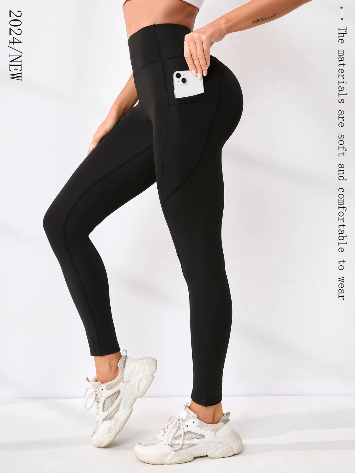 New Sexy High Waist Tummy Control Ankle-Length Yoga Pants for Wrinkle-Resistant Solid Color Pockets Women's Running Outdoor