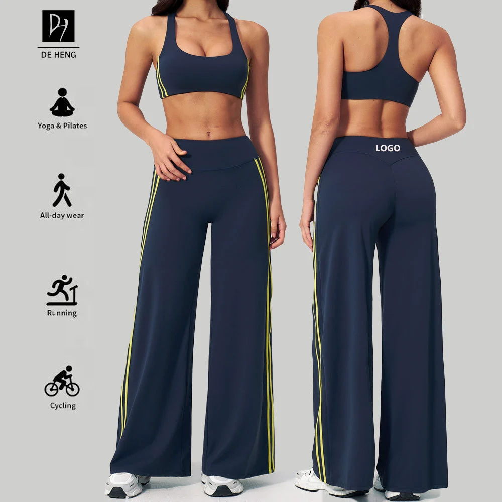 Solid Color Yoga Set Women's Racerback Crop Top High Waist Wide Leg Pants With Side Stripe Breathable Sportwear 2 Piece Outfit