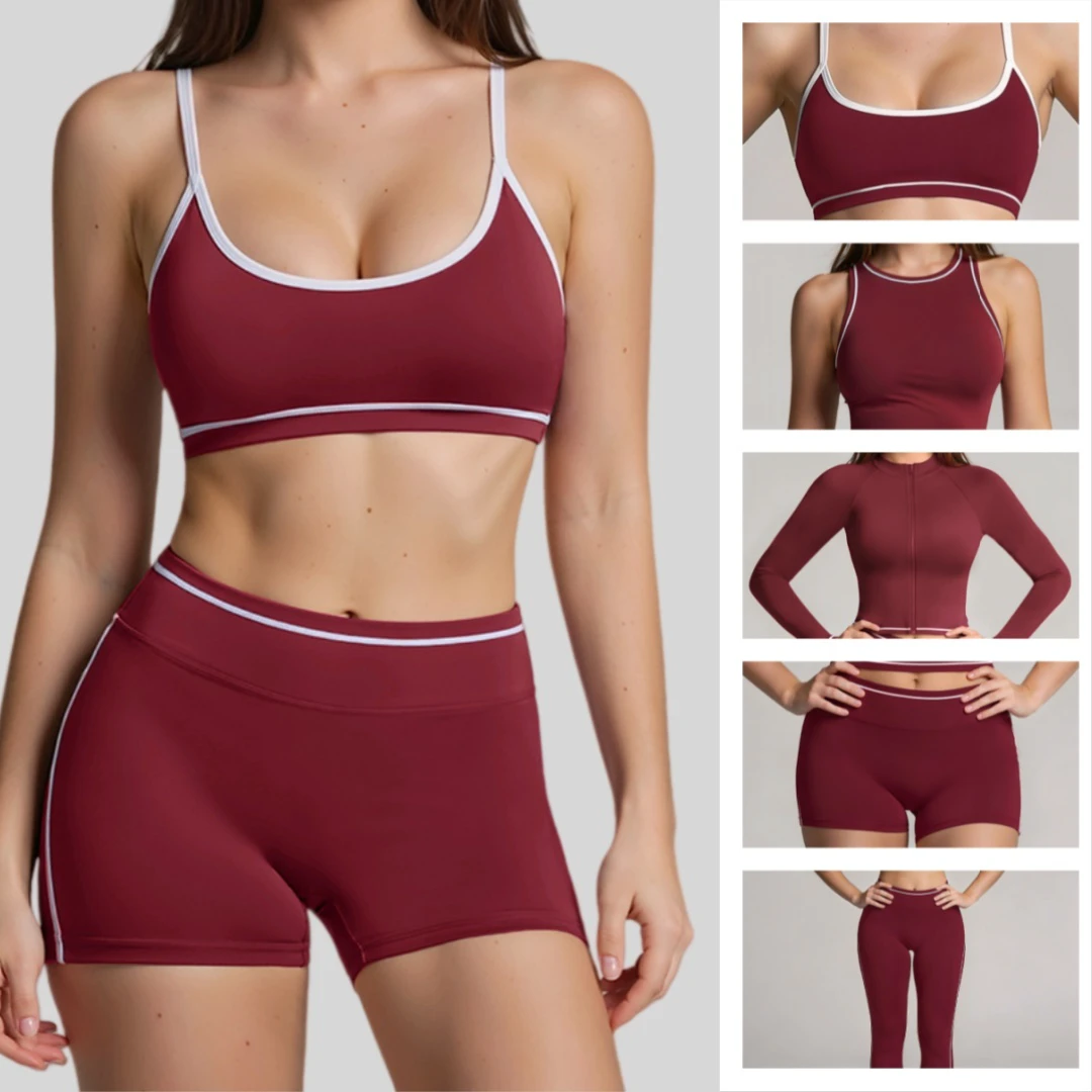 Women's Slim Fit Yoga Set 5-Piece Sports Bra High Waist Leggings Biker Shorts Spandex/Nylon Breathable Four-Way Stretch Color