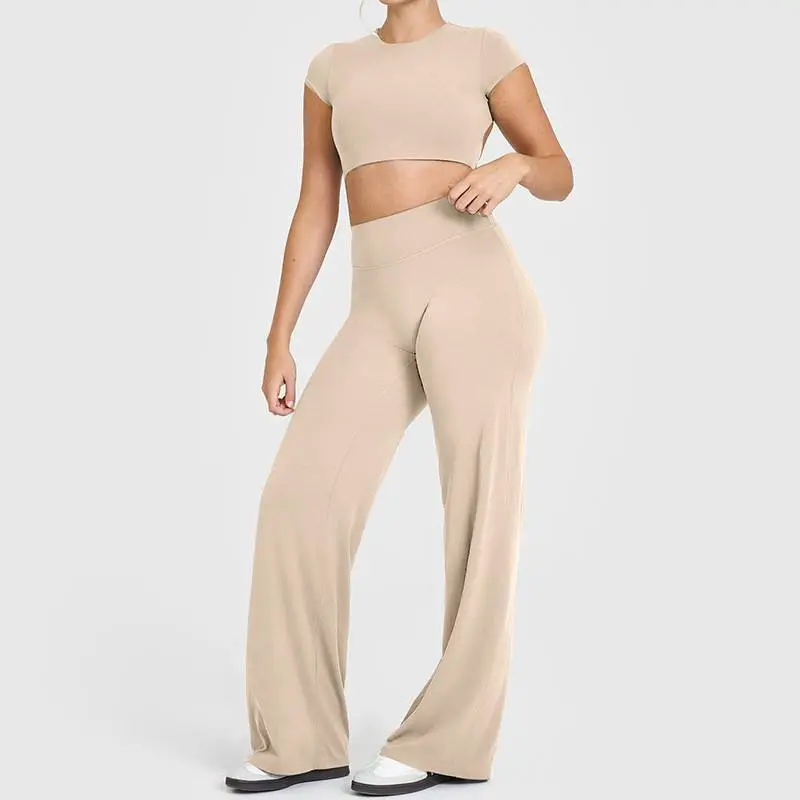 Women's Reversible 2-Piece Fitness Outfit Cropped Backless Workout Top Flowy Yoga Pants for Gym Fitness 2pc Min Washed Technics