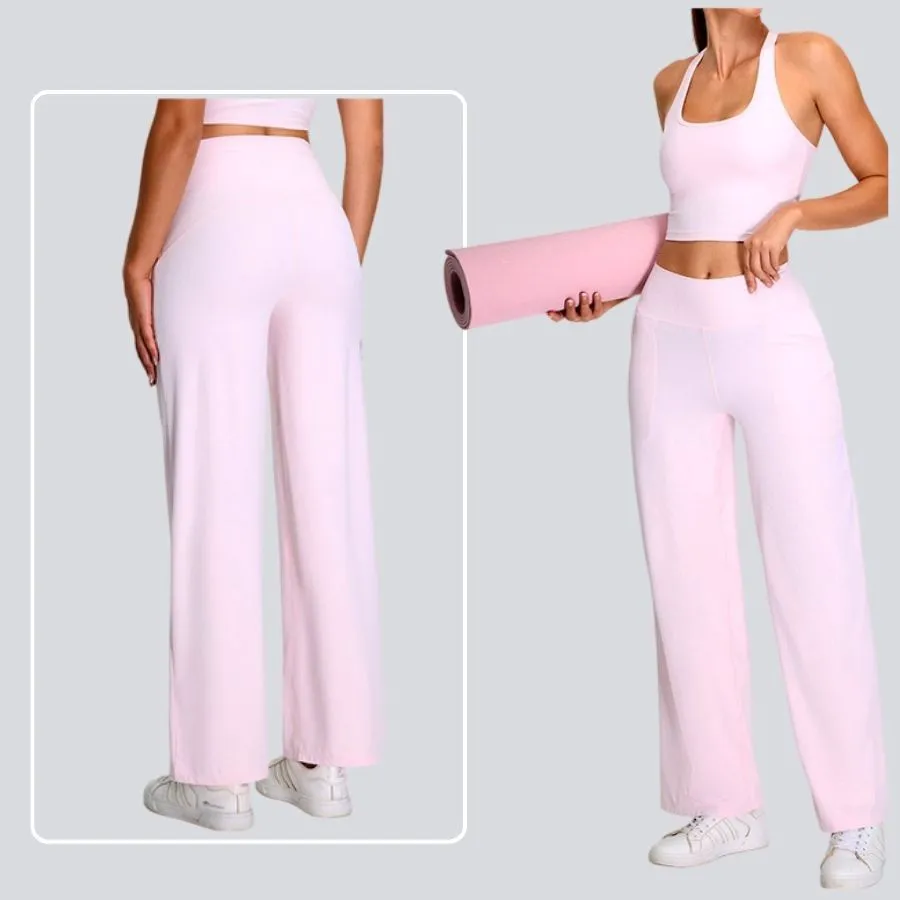 Women High Waist Ribbed Yoga Pants Loose Straight Leg Trousers Pockets Autumn Winter Casual Workout Fitness Gym Activewear