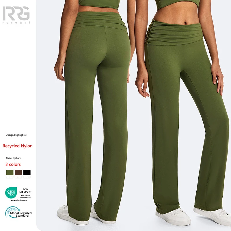 Roregal New Fold-Over Waistband Eco-Friendly Yoga Flared Leg Pants High Waisted Tummy Control Flared Leg Workout Pants