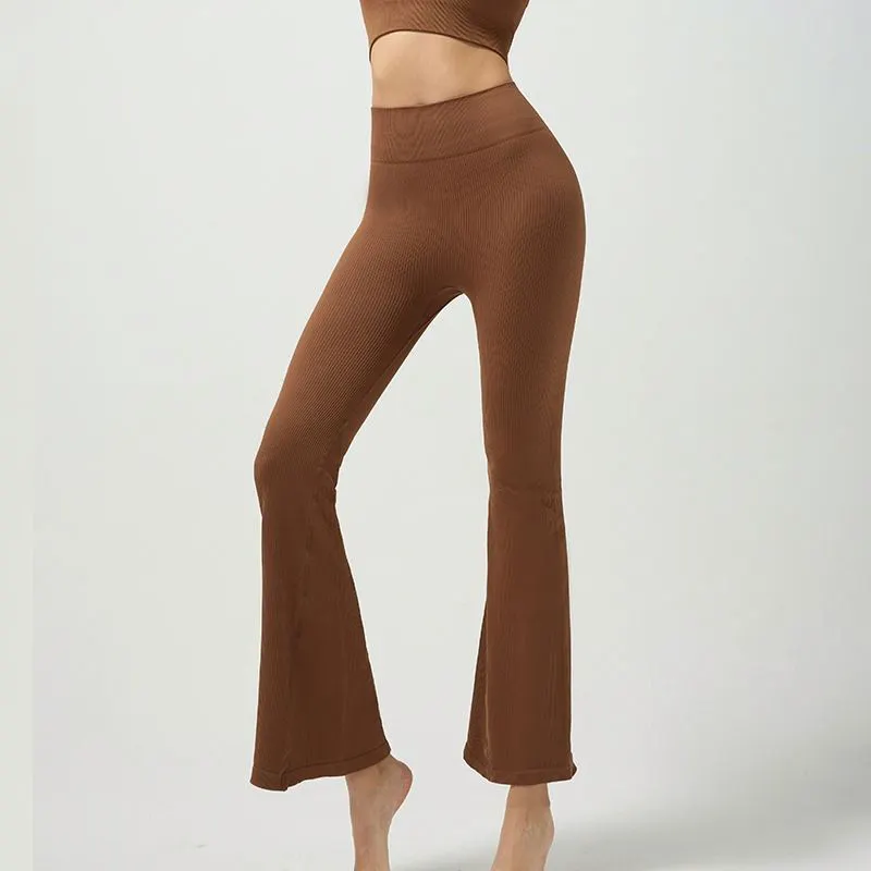 Women's High Waist Fitness Pants Wide Leg Seamless Yoga Print Scrunch Leggings Solid Pattern Elastic Waist Closure Flare Pants