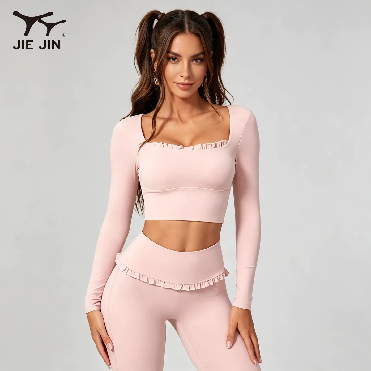JIEJIN Factory 2 Piece Long Sleeve Square Neck Yoga Wear Set with Tummy Control Flare Leggings