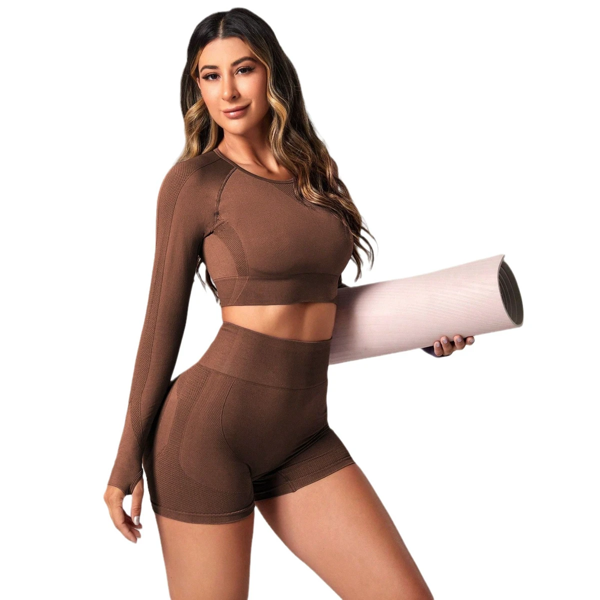 Women's 2 Piece Workout Set Tummy Control Yoga Outfit Long Sleeve Crop Top Thumb Hole High Waist Compression Shorts Fitness