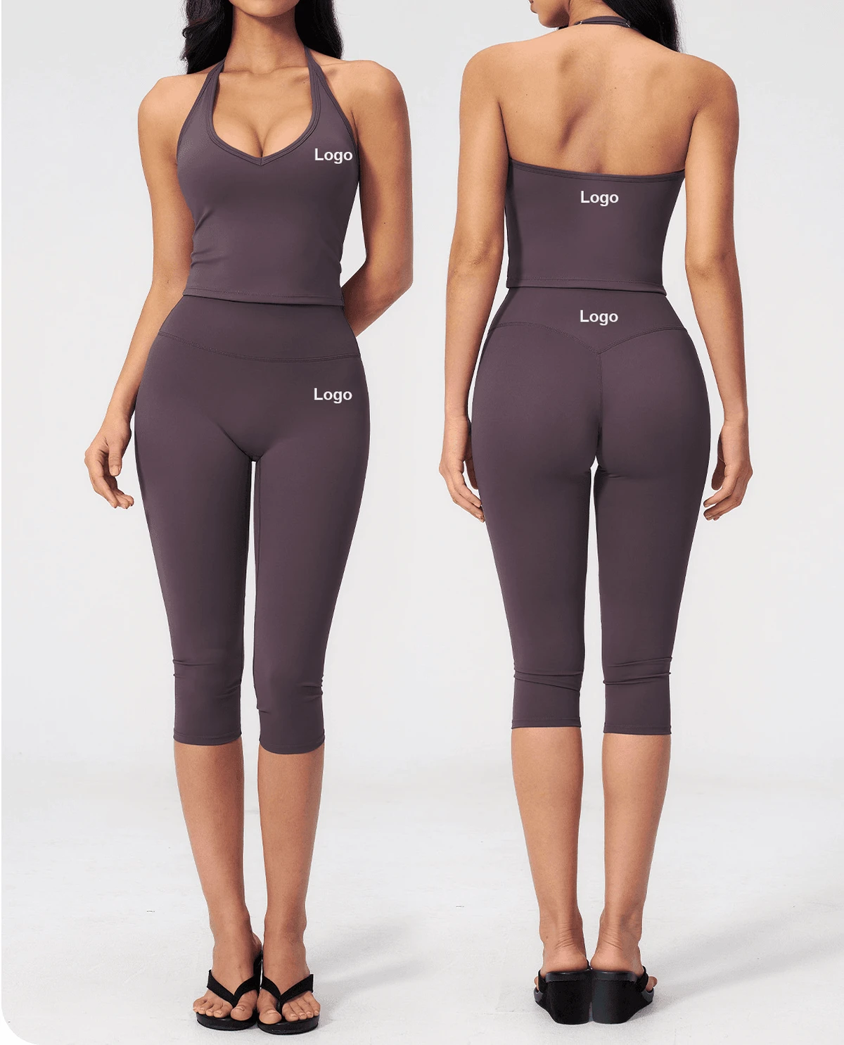 High Waisted Women's Solid Breathable Slim-fit Leisure Yoga Sports Suit 2-Piece Set Capri Pants Knee Length Yoga Shorts