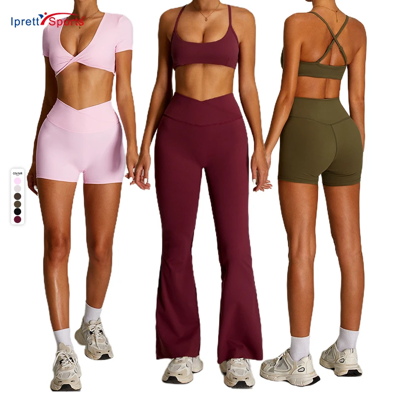 2 Pcs Gym Set Women Backless Sports Bra Sexy Crop Tops Stretchy Shorts Flared Pants Gym Yoga Suit Fitness Activewear Workout Set