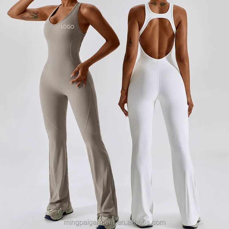 Custom Seamless Workout High Waist Gym Sets Activewear One Sets Flared Pants Women's Sleeveless Women's Yoga Jumpsuit