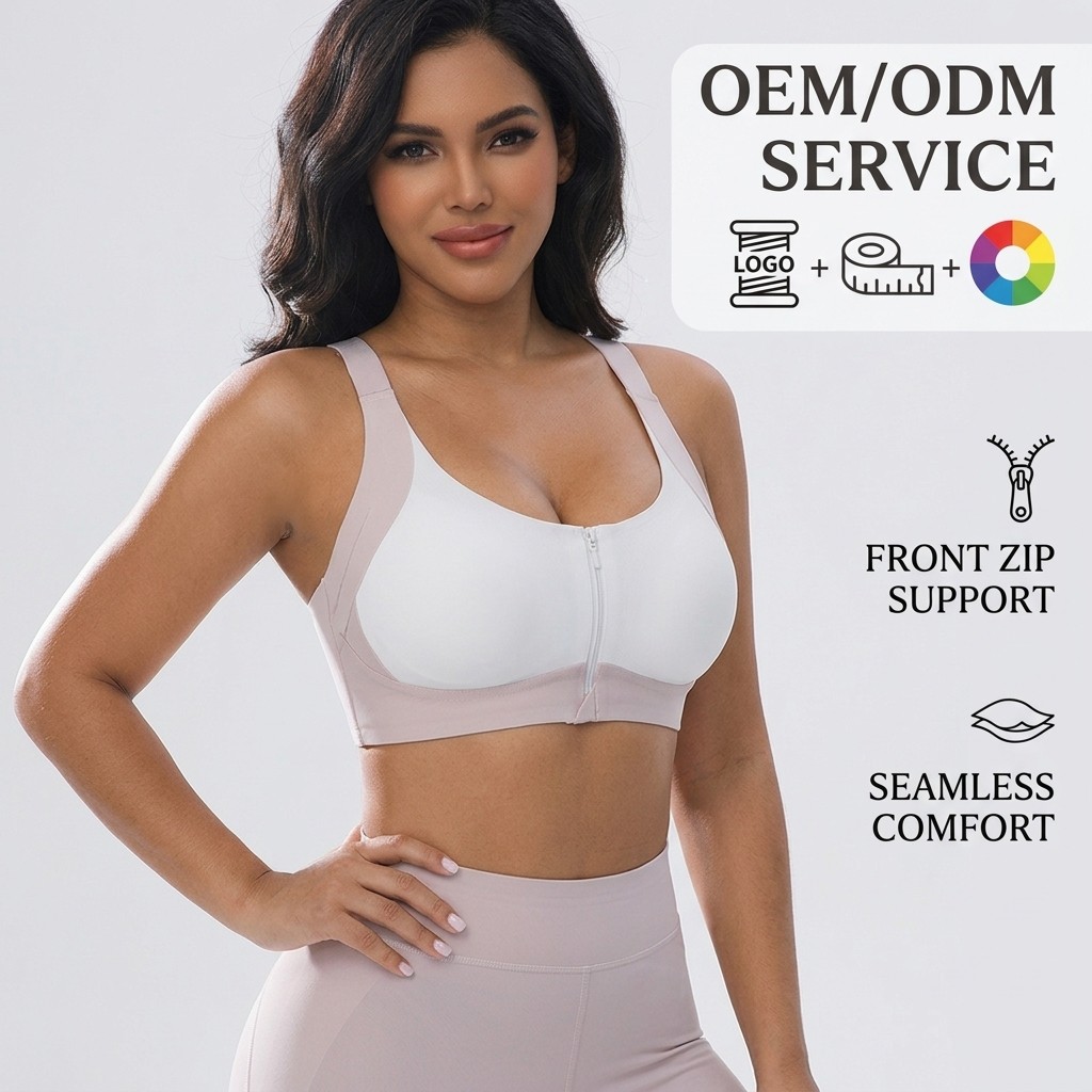 OEM Custom Front-Zip Soft Sports Bra-Wireless Seamless Plus Size Active Wear with Medium Support for Yoga & Running