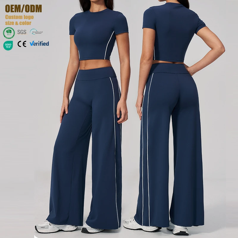 Custom Logo Women's Cropped Tank Top High Waisted Wide Leg Yoga Pants Set Breathable Activewear Contrast Side Stripes Sets