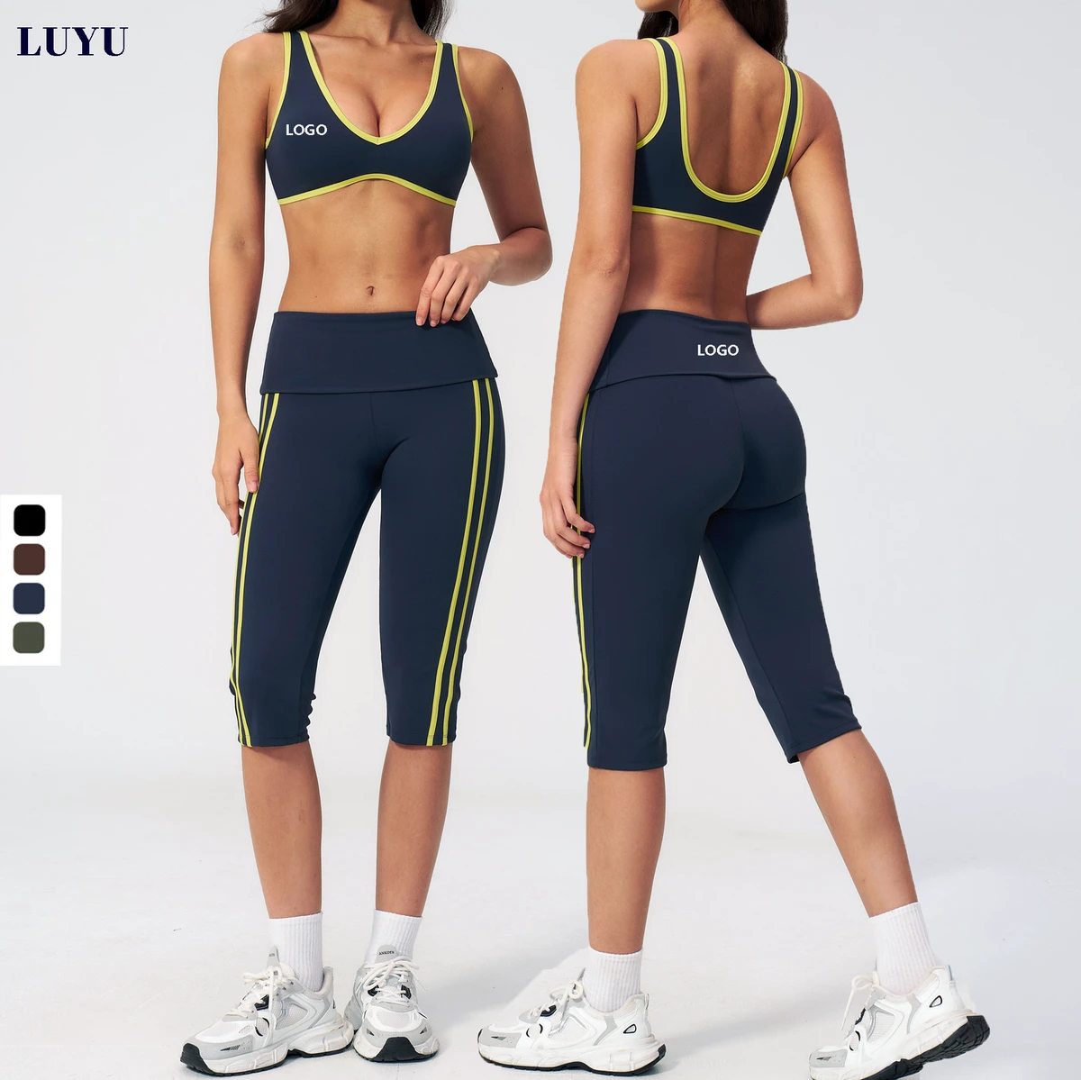 Fashionable Color Blocking Women Fold Over Waist Yoga Sets Side Striped Beauty Back Capri Leggings Training Fitness Set