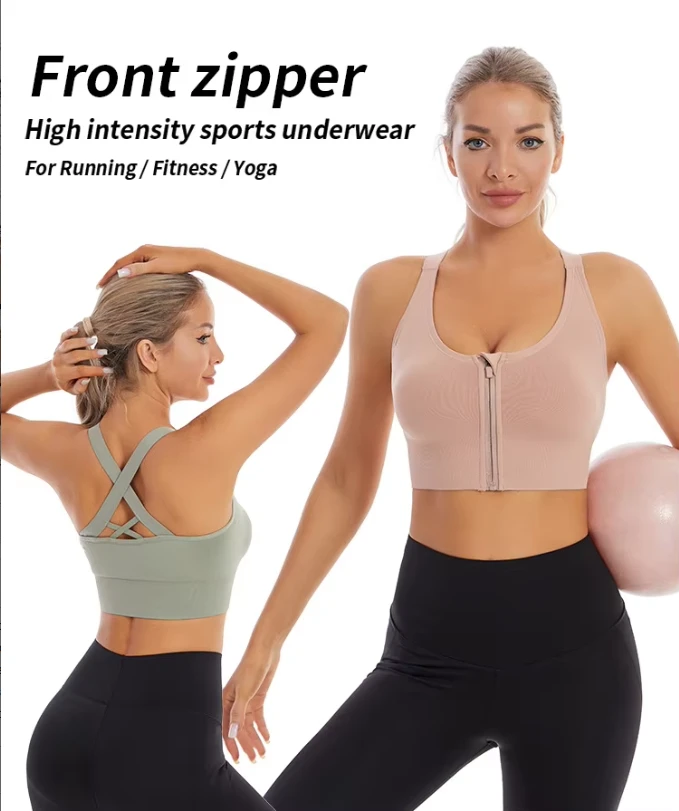 Wholesale Custom Women's High Support Breathable Cross Back Removable Pads Seamless Zip Front Yoga Fitness Sport Bra Gym