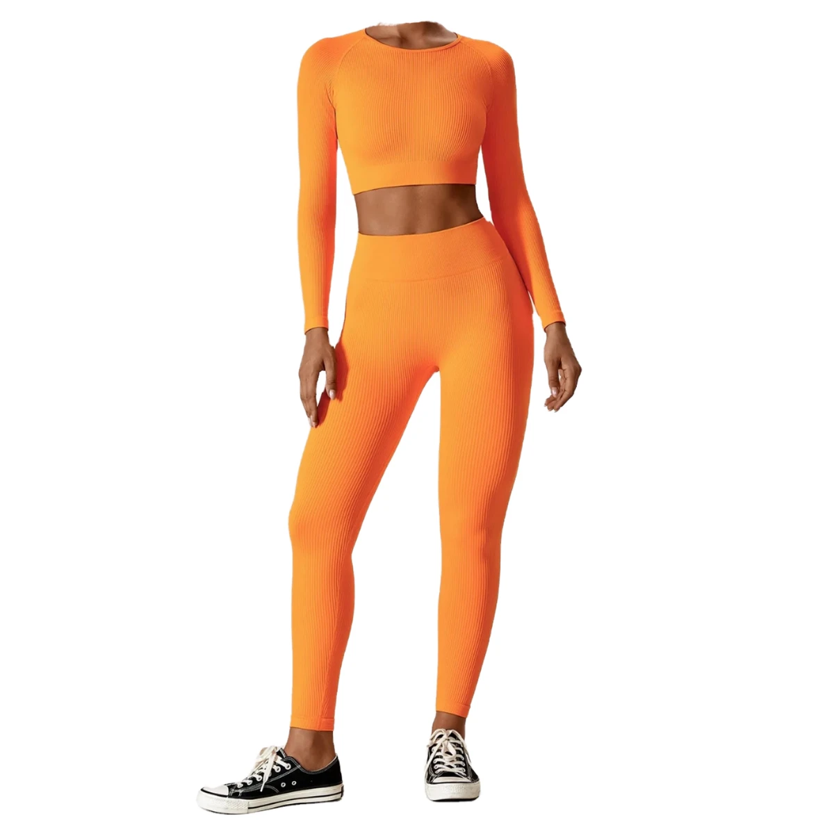 Custom Front Women's Solid Yoga Set Orange Seamless Ribbed Short Sleeve Crop Top High Waisted Leggings Two Piece Gym Fitness