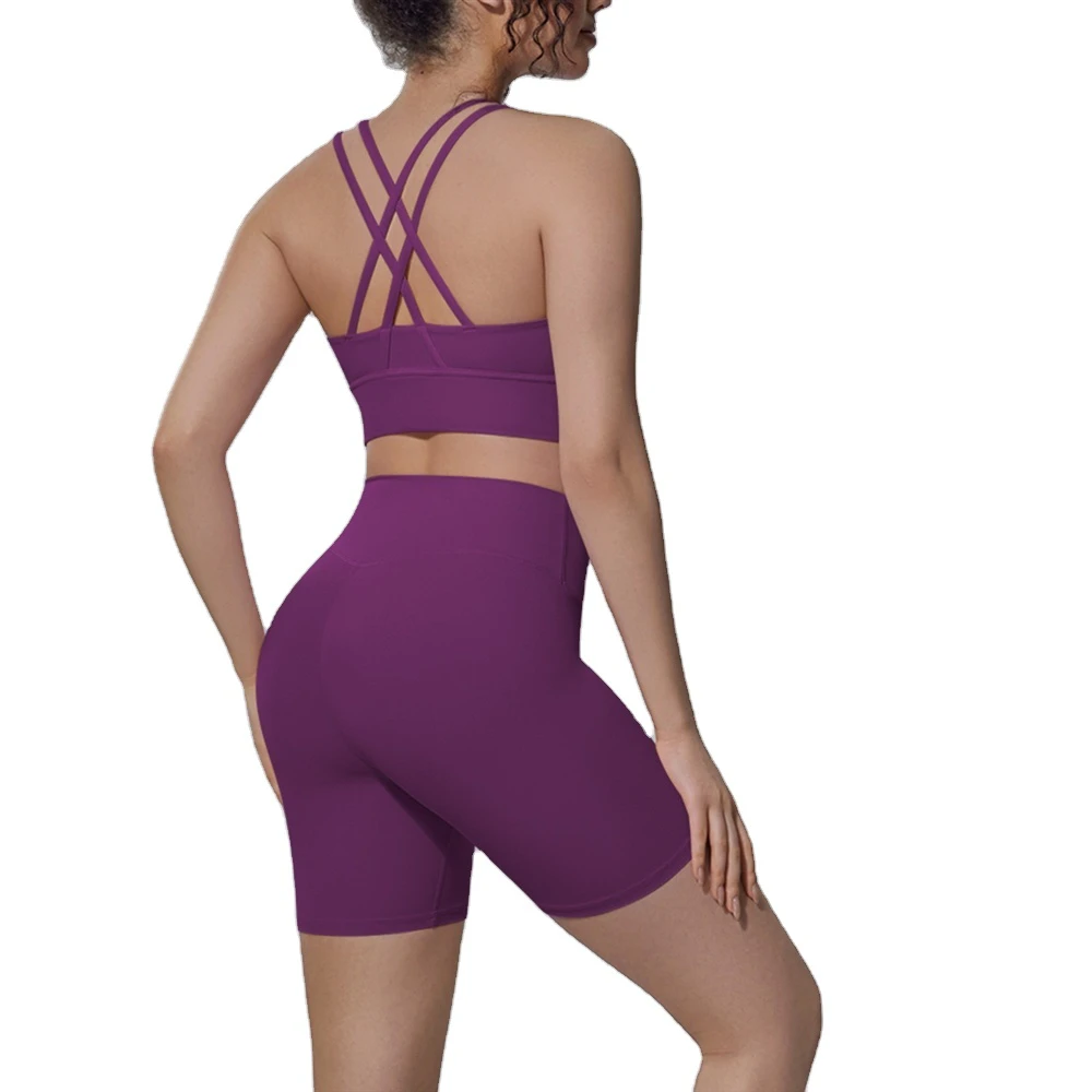 Double-sided Brocade Backless Crisscross Form-fitting Breathable Yoga Suit-women's Two-piece Set for Sports Running