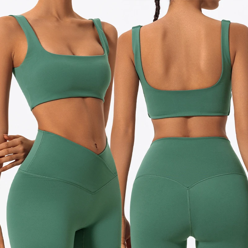 Women's Compression Lightweight Stretchy Yoga Bra Quick Dry Breathable Square Neck Gym Fitness Running Sports Bra Set Back