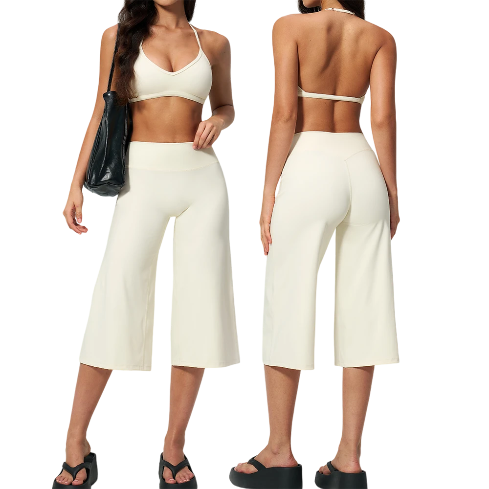 CIYING Women High Waist Capri Wide Leg Leggings Pants 2 Pcs Set Halter Backless Sports Bra Cropped Yoga Pants Gym Workout Set