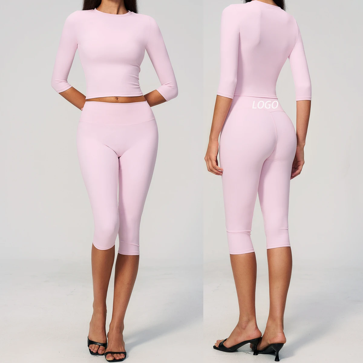 Women's 2-Piece Yoga Set 3/4 Sleeve Crop Top & High Waist Knee Length Leggings Yoga Capri