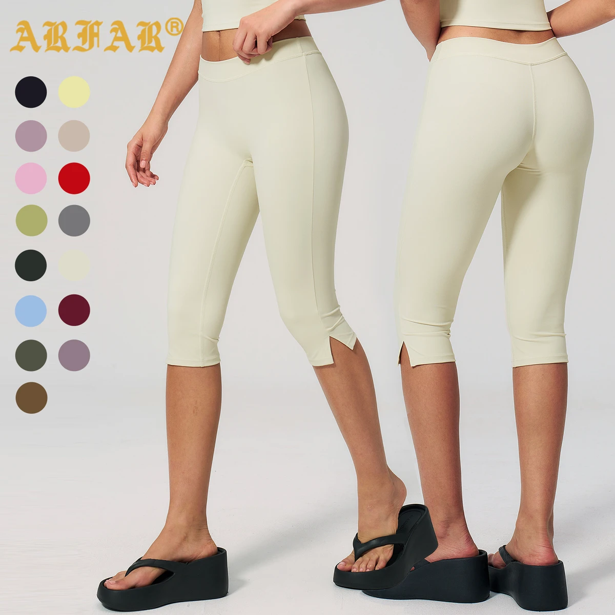 Tummy Control Women's Yoga Cropped Leggings Seamless Waistband Solid Color Breathable Yoga Capris for Pilates Running Gym Wear