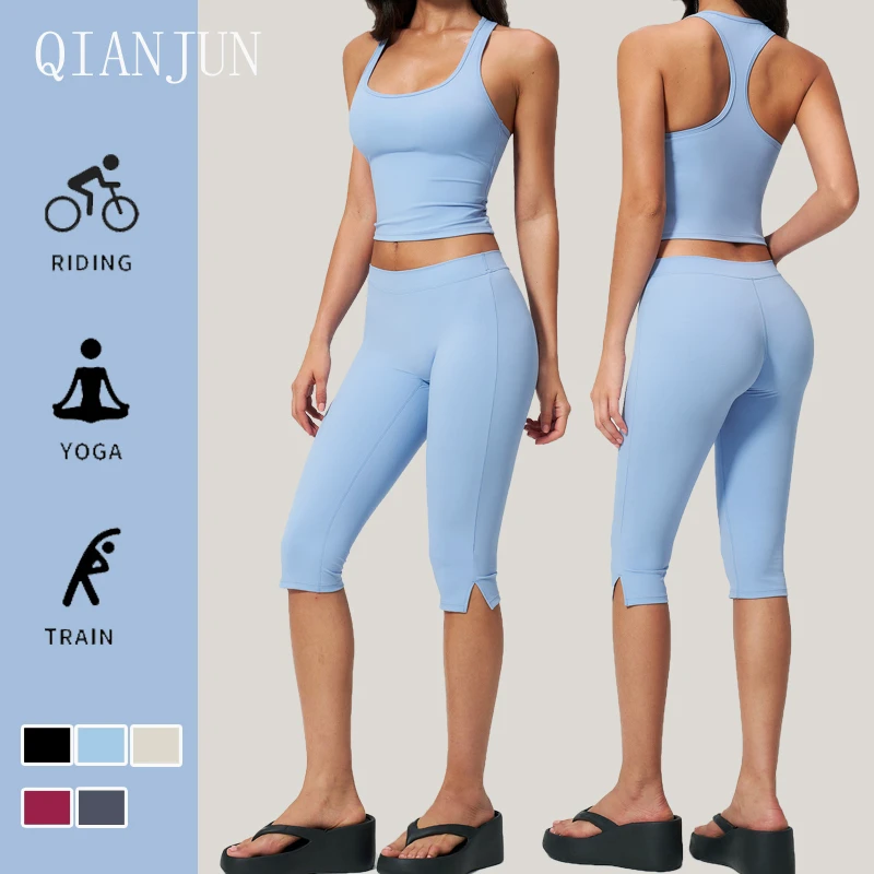 Women Solid 2PCS Yoga Sets Shockproof Padded Tank Top Waist Butt Lift Sports Pants Gym Clothes Fitness Yoga Wear Suit