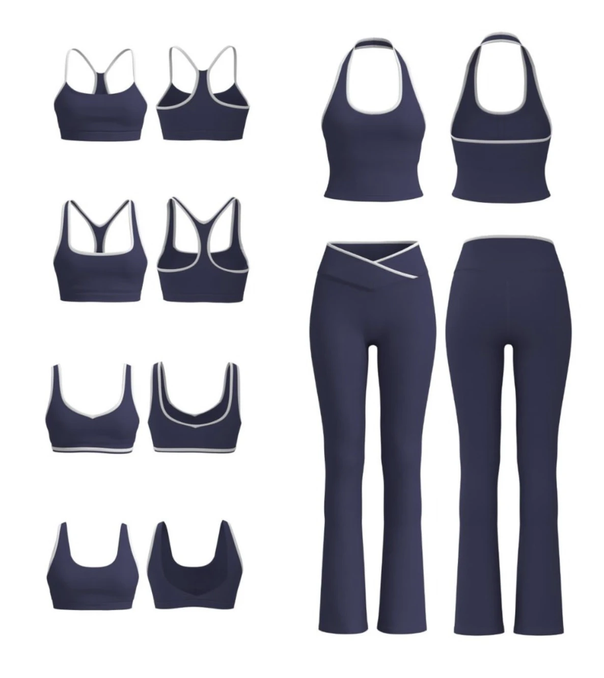 Custom High Street Contrast Trim Halter Crop Top V Crossover Flare Leggings Women Streetwear Athleisure Gym Yoga Set