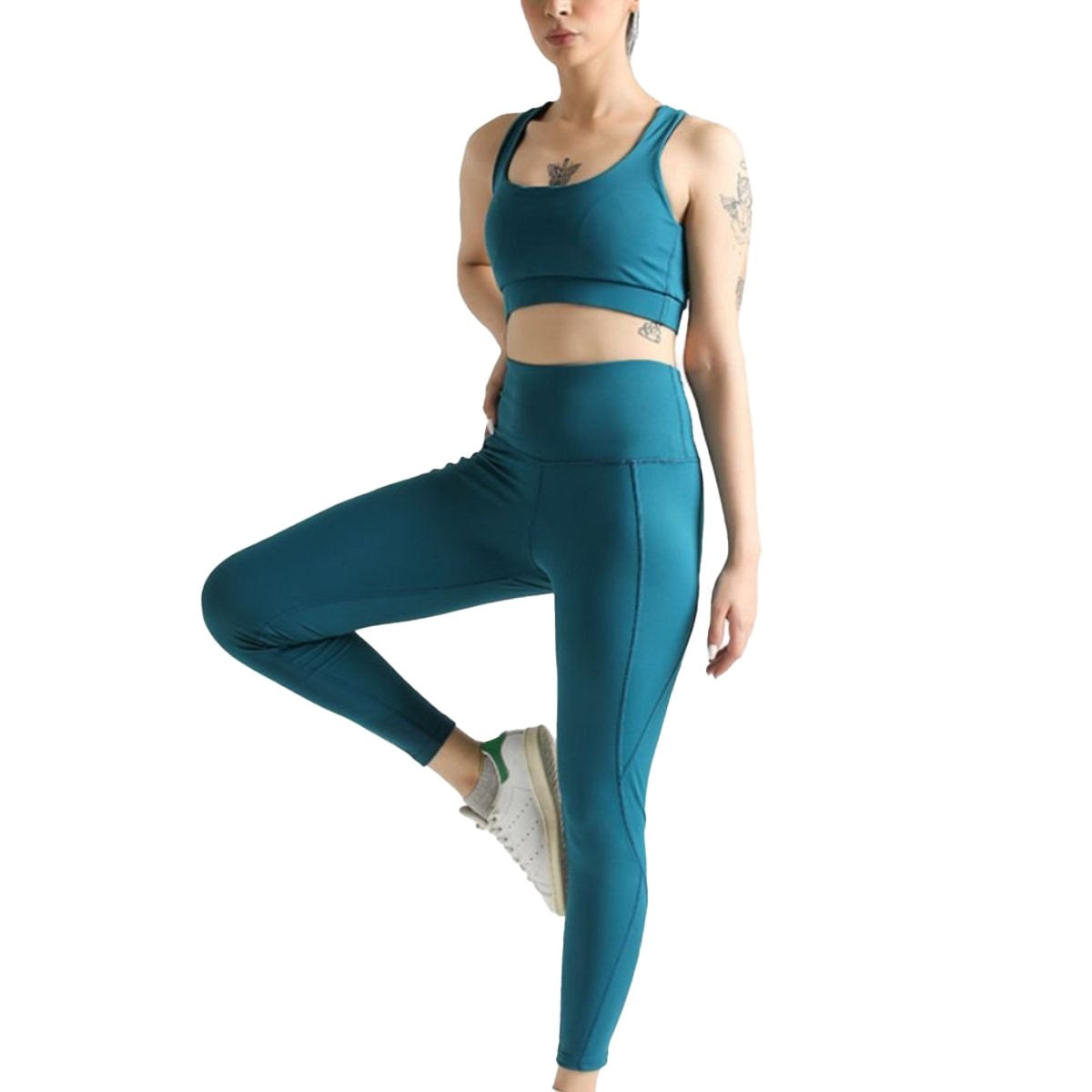 High Waist Women's Two-Piece Workout Yoga Set Solid Color Legging and Bra with Plaid Pattern Elastic Waist Closure Cotton