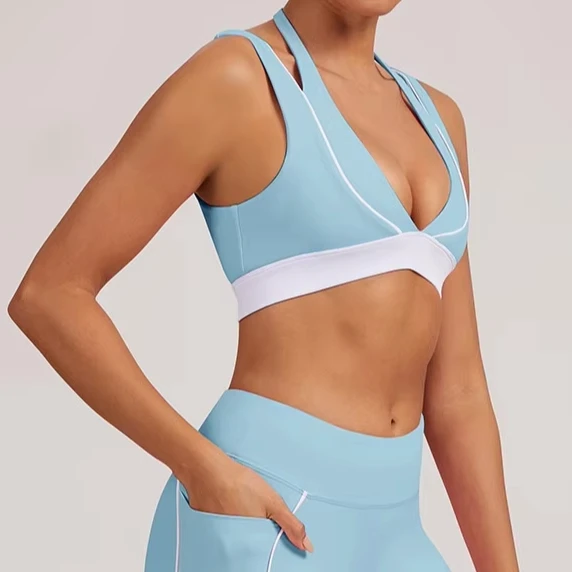 Women's High Support Breathable Yoga Sports Bra Adjustable Straps Spandex/Nylon Running Fitness Bra Removable Front Logo V-neck