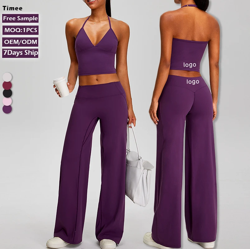 Nude Feeling Halter Neck 2 Piece Yoga Set Women High Waist Wide Leg Workout Pants Custom Logo Gym Fitness Activewear