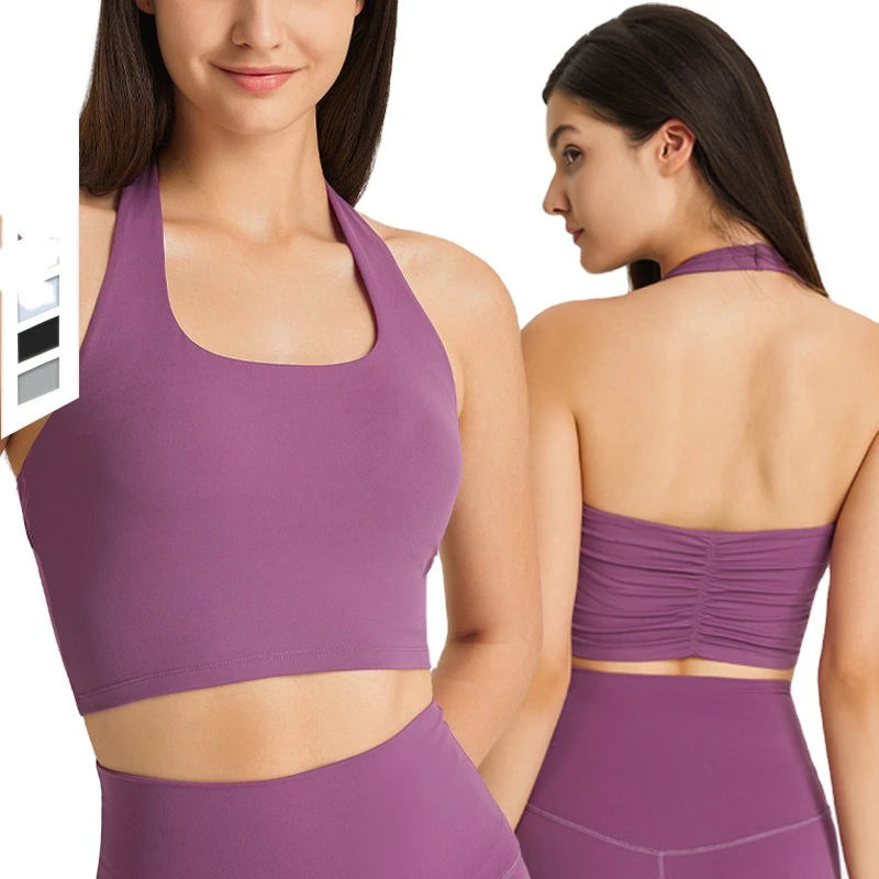Women's Sexy Beauty Back Sports Yoga Bra With Chest Pads New Hanging Neck U-Neck Back Fold Fitness Top Shock Proof Sport Bra
