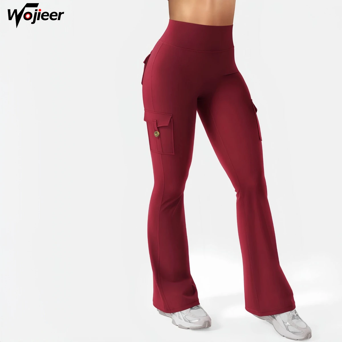 WOJIEER Sexy Burgundy Multi Pockets Slimming High Waisted Scrunch Butt Flared Leggings for Women Gym Workout with Cargo Design