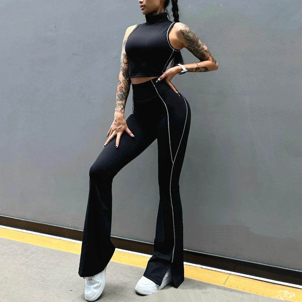1/2PCS Yoga Set Women Workout Set Sportswear Gym Clothing Fitness High Neck Top Bra High Waist Wide Flare Leggings Active Suits