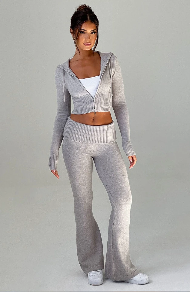 Popular Sexy 2 Piece Workout Lounge Streetwear Set For Women Zipper Ribbed Hoodie Flared Fitness Pant Slim Fit Active Loungewear