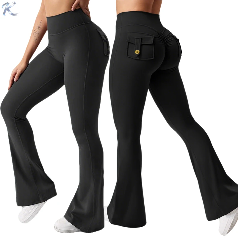 Women High Waisted Tummy Control Ruched 3D Ruched Butt Lift Flare Pockets Leggings Seamless Bootcut Flare Bootcut Leg Yoga Pants