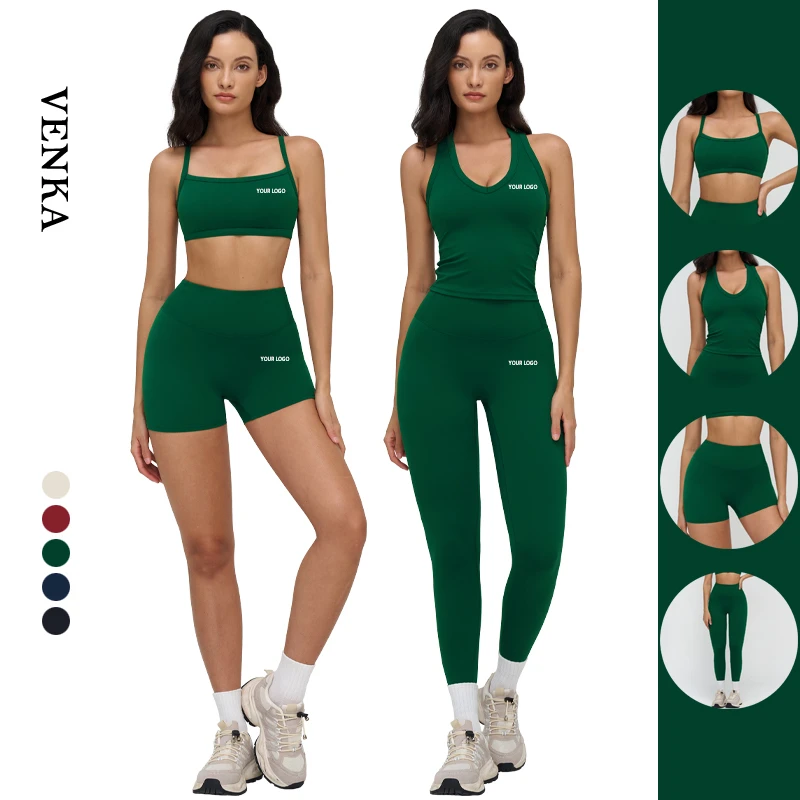 Custom Women Sportswear Suit Square Neckline Sports Bra Tank Top High Waist Butt Lift Leggings Shorts Ladies Fitness Yoga Sets