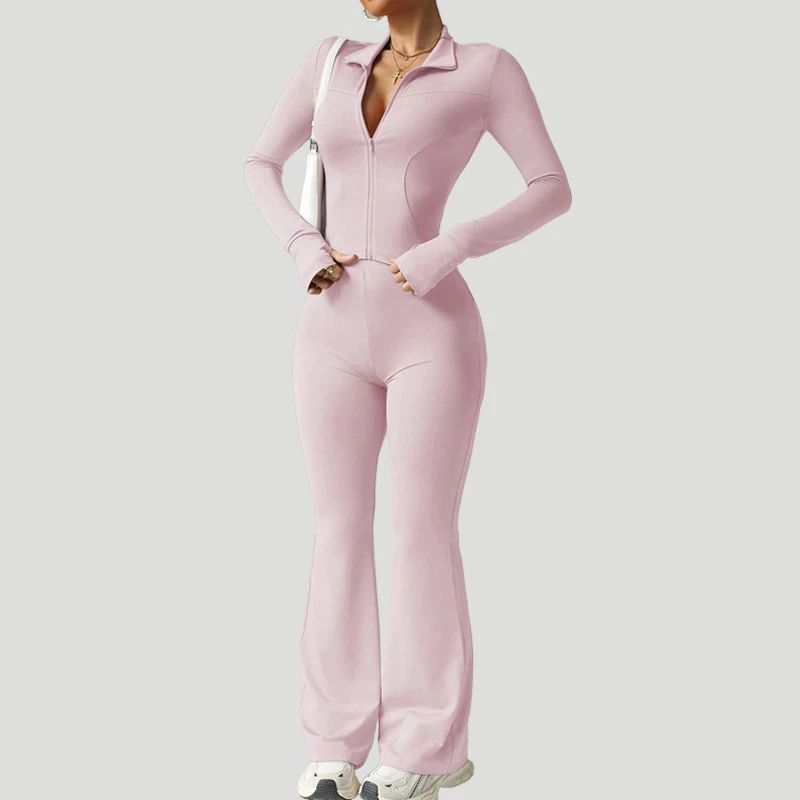 New Style Long-Sleeve Zip-Up Yoga Jacket Set Breathable 2-Piece Sports Suit High Waist Flared Leggings Fitness Set For Woman