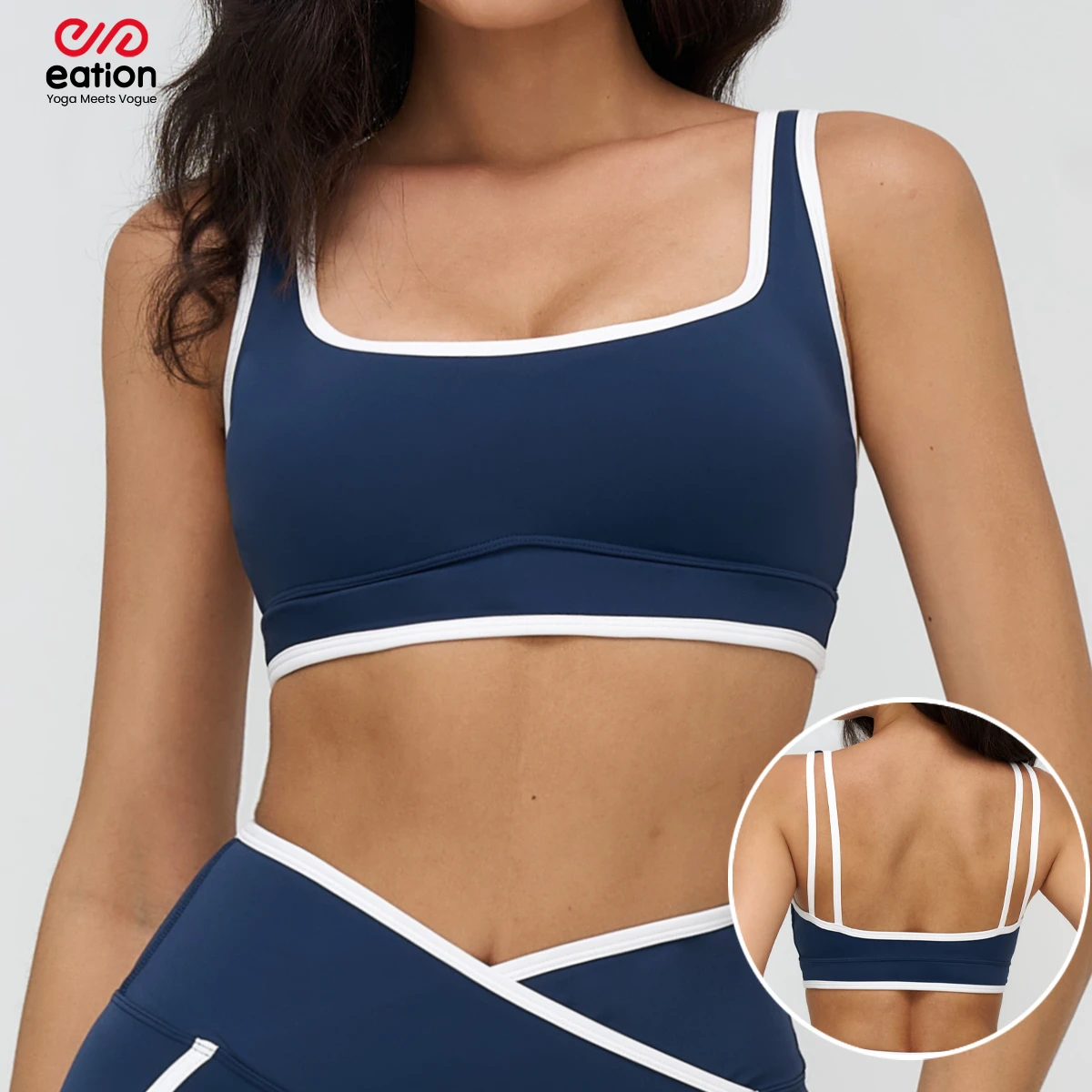 Women's Sports Bras Square Neck Contrast Trim Double Strap Removable Pads Light Support Yoga Bra Gym Workout Fitness Yoga Wear