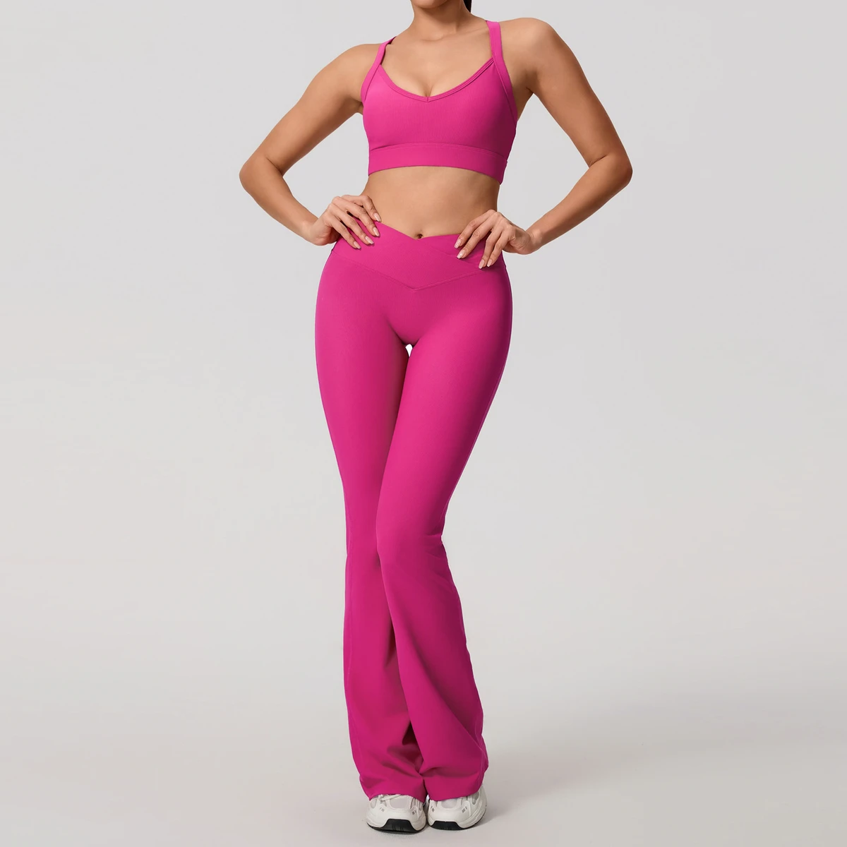 Breathable Quick Dry Solid Plus Size Yoga Wear 2 Piece Set High Elastic Spandex/Polyester Running Sports Bra High Waist Flared