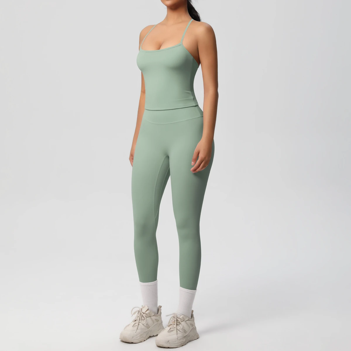 Women's Custom Logo 2-Piece Workout Set Cross Back Strappy Top Breathable Butt Lift Leggings Solid Yoga Training Plus Size