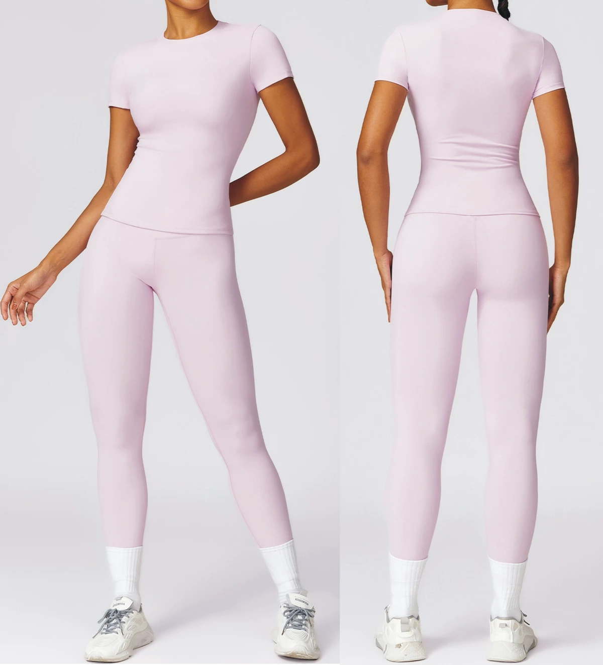 Short Sleeve Top High Waist Legging 2 Piece Sport Set No Scrunch Compression Pant Stretchy T Shirt Women Tees Gym Wear Yoga Sets