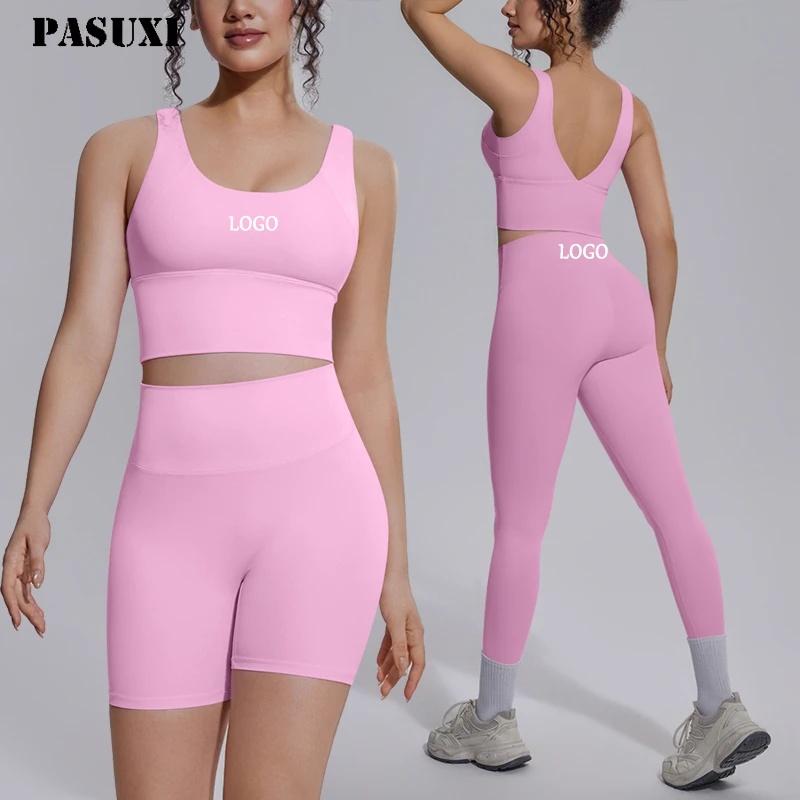 PASUXI Plus Size Yoga Workout Set Women Solid Elastic Waist Breathable High-Support Bra Shorts-4-Piece Eco-Friendly Activewear