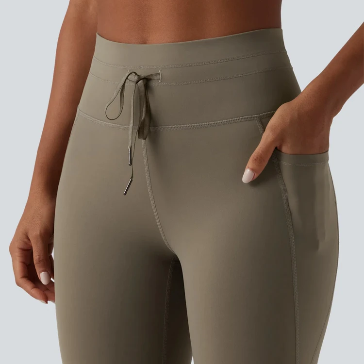 Custom Logo Tight Fit Four Way Stretch 68% Nylon 32% Elastane High Waisted Drawstring Plain Yoga 7/8 Gym Leggings with Pockets