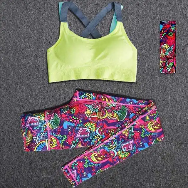 Women Yoga Set Crisscross Sports Bra High Waist Leggings Full Length Print 2 Piece Breathable Spandex Polyester